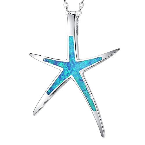 Cuoka Starfish Necklace, 925 Sterling Silver with Blue Opal, Hawaiian Beach Nautical Ocean Pendant, Starfish Jewelry Opal Jewelry Gifts for Women Girlfriend Daughter