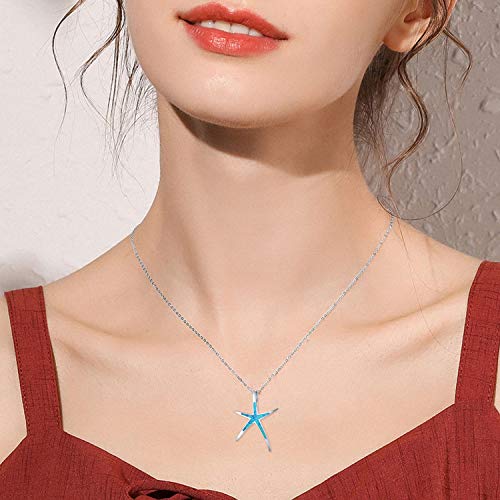 Cuoka Starfish Necklace, 925 Sterling Silver with Blue Opal, Hawaiian Beach Nautical Ocean Pendant, Starfish Jewelry Opal Jewelry Gifts for Women Girlfriend Daughter