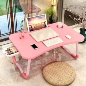 laptop bed table, foldable laptop desk bed tray with storage drawer, lap desk tv tray for breakfast serving, notebook stand reading holder with phone slot and cup holder for sofa couch floor-pink