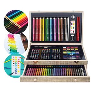 art 101 doodle and color 142 pc art set in a wood carrying case: includes 24 premium colored pencils, a variety of coloring and painting mediums: crayons, oil pastels, watercolors; portable art studio