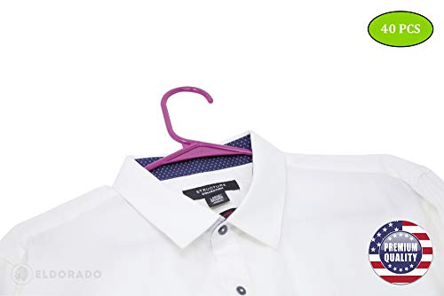 Eldorado Hangers for Adult Size Clothing, Plastic, Ideal for Everyday Standard Use Clothes, Shirts, Blouses, T-Shirts, Dresses, Jackets, Suits. Color - Purple, Pack - 40 PCS.