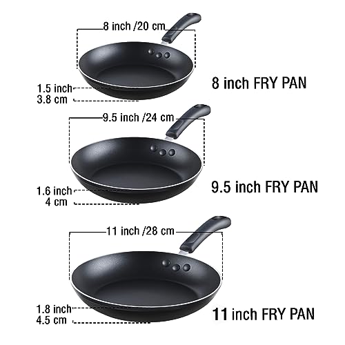 Cook N Home Basics Nonstick Saute Skillet Fry Pan 3-Piece Set, 8 inch/9.5-Inch/11-inch, Black