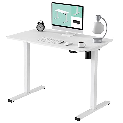 FLEXISPOT Adjustable Height Desk 40 x 24 Inches Whole Piece Desktop Small Standing Desk for Small Space Electric Sit Stand Home Office Table (White Frame + White Desktop)