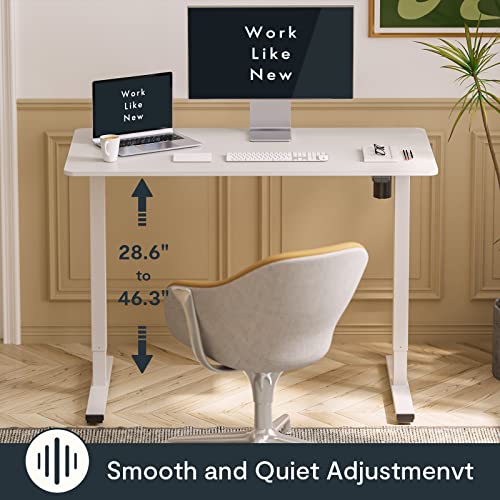 FLEXISPOT Adjustable Height Desk 40 x 24 Inches Whole Piece Desktop Small Standing Desk for Small Space Electric Sit Stand Home Office Table (White Frame + White Desktop)