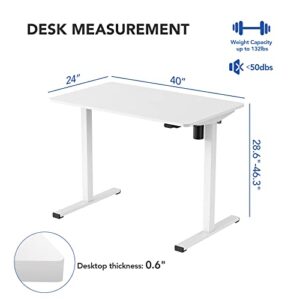 FLEXISPOT Adjustable Height Desk 40 x 24 Inches Whole Piece Desktop Small Standing Desk for Small Space Electric Sit Stand Home Office Table (White Frame + White Desktop)