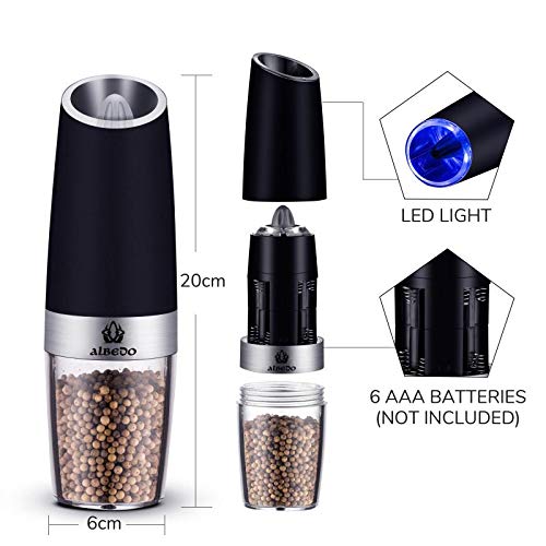 Gravity Electric Salt or Pepper Mill with Adjustable Coarseness, Automatic Pepper and Salt Mill Battery Powered with Blue LED Light,One Hand Operated by aLBeDo