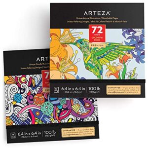 arteza doodle and animal coloring books for adults, set of 2, 6.4 x 6.4 inches, black outlines, 144 detachable coloring pages for relieving stress and anxiety for adults and teens