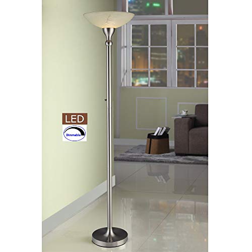 Artiva USA LED Torchiere Floor Lamp with Hand-Painted Alabaster Glass Shade, Dimmer, Satin Nickel