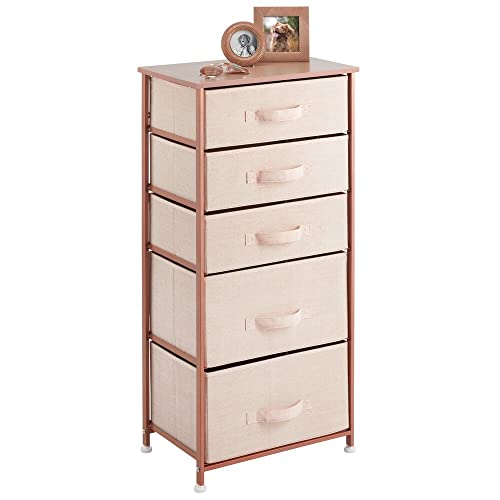 mDesign Storage Dresser Furniture Unit - Tall Standing Organizer Tower for Bedroom, Office, Living Room, and Closet - 5 Drawer Removable Fabric Bins - Light Pink/Rose Gold