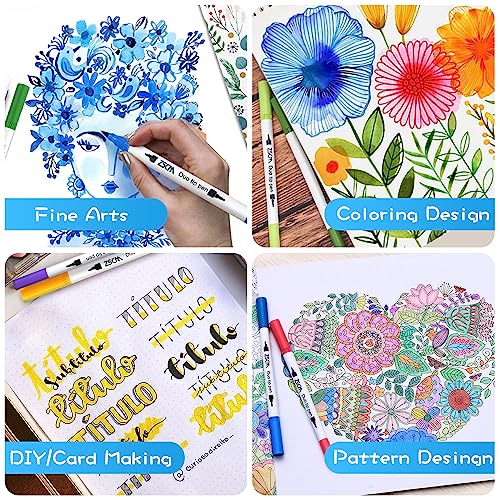 100 Colors Duo Tip Brush Markers Pens, ZSCM Colored Pens Watercolor Art Markers Fineliner Calligraphy Pens, for Kids Adults Coloring Books, Christmas Gifts, Drawing Sketching Bullet Journaling