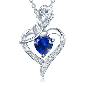 agvana september birthstone jewelry sapphire necklace for women sterling silver rose flower heart pendant necklace fine jewelry anniversary birthday gifts for women girls mom wife lady