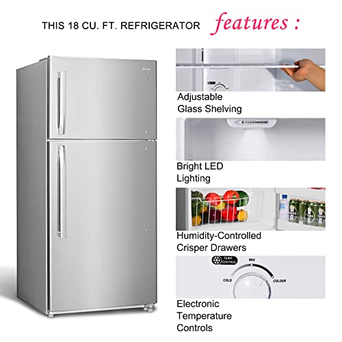 Smad 18 Cu.Ft Top Mount Freezer, Apartment Size Refrigerator with Electronic Temperature Control and Reversible Door, Garage Ready Refrigerator for Dorm, Garage, Office, Bedroom, Stainless Steel