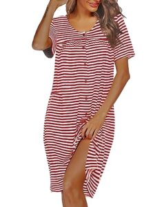 ekouaer women's striped short sleeve nightgown button down sleepwear soft sleeping o-neck nightshirts boyfriend sleep gown-wine red xl