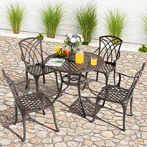 Nuu Garden 5 Pieces Patio Dining Set, Cast Aluminum Outside Table and Chairs with 4 Chairs and 33 Inch Round Bistro Table with Umbrella Hole for Backyard Deck Lawn and Garden Antique Bronze