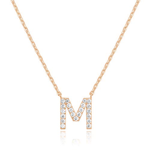 PAVOI 14K Rose Gold Plated Cubic Zirconia Initial Necklace | Letter Necklaces for Women | M Initial