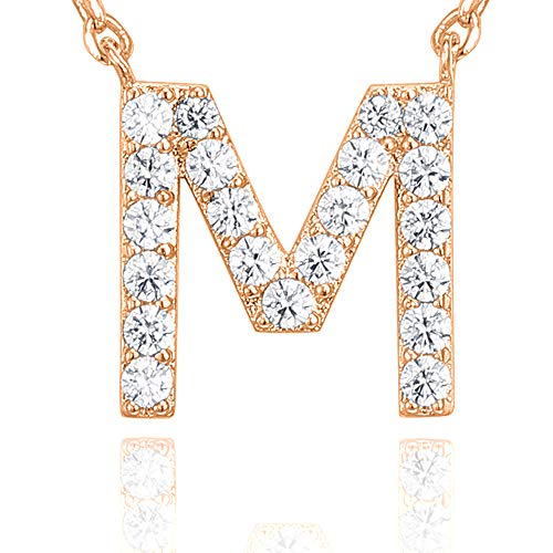 PAVOI 14K Rose Gold Plated Cubic Zirconia Initial Necklace | Letter Necklaces for Women | M Initial