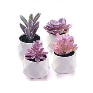 cadnly fake succulent plant set for women desk - realistic artificial mini purple succulent décor in ceramic planter pots for bedroom bathroom office shelf decor