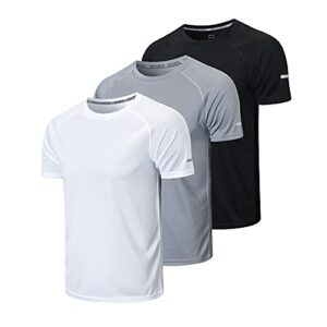 frueo men’s 3 pack sport t-shirt, cool dry breathable short sleeve mesh fitness shirt, workout gym running top,520,black gray white,s