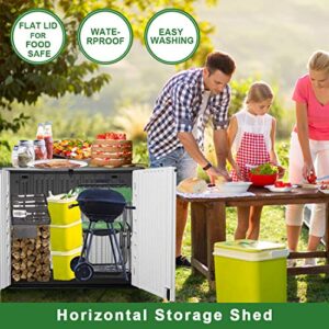 Horizontal Outdoor Garden Storage Shed for Backyards and Patios,Waterproof Storage Box,26 Cubic Feet Capacity for Garbage Cans, Lawnmower,Tools and Garden Accessories,Light Beige (White)