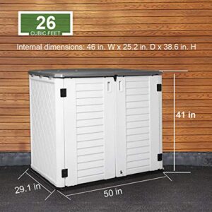 Horizontal Outdoor Garden Storage Shed for Backyards and Patios,Waterproof Storage Box,26 Cubic Feet Capacity for Garbage Cans, Lawnmower,Tools and Garden Accessories,Light Beige (White)