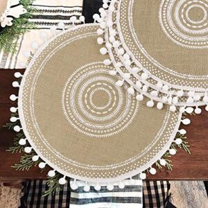 collive boho round placemat 15 inch - farmhouse woven jute fringe table mats set of 4 with pompom tassel place mat for dining room kitchen table decor, white tribal folk