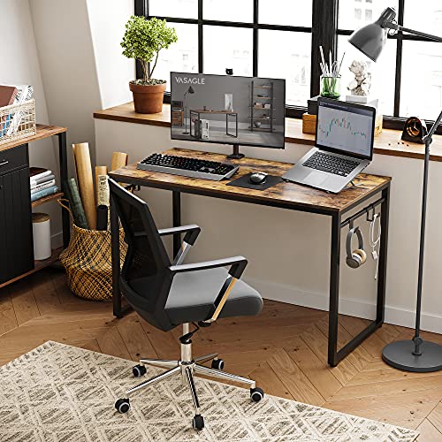 VASAGLE Computer Writing Desk, 47 Inch Office Study Table, Work from Home, with 8 Hooks, Metal Frame, Industrial, 47.2", Rustic Brown