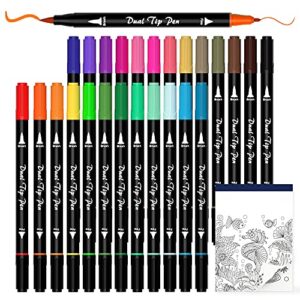 shuttle art dual tip brush pens art markers, 25 colors fine and brush dual tip markers set with 1 coloring book for kids adult artist calligraphy hand lettering journal doodling writing