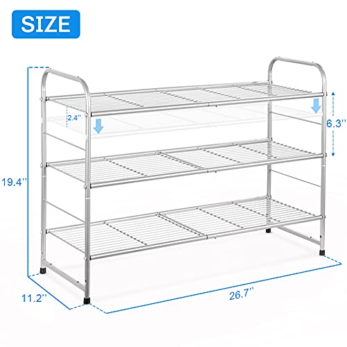 Bextsrack 3-Tier Shoe Rack, Stackable & Adjustable Wire Grid Shoe Shelf Storage Organizer for Closet Bedroom Entryway - Silver