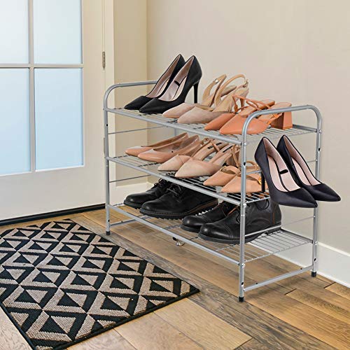 Bextsrack 3-Tier Shoe Rack, Stackable & Adjustable Wire Grid Shoe Shelf Storage Organizer for Closet Bedroom Entryway - Silver