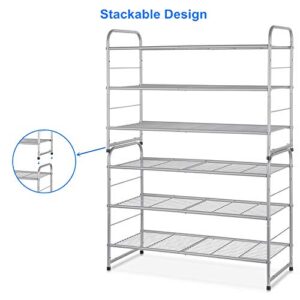 Bextsrack 3-Tier Shoe Rack, Stackable & Adjustable Wire Grid Shoe Shelf Storage Organizer for Closet Bedroom Entryway - Silver