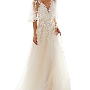 YMSHA Ball Gown Wedding Dresses Ivory Long Spaghetti Straps Sleeveless Lace Appliques Bohemian Bridal Gowns for Wedding Party 10