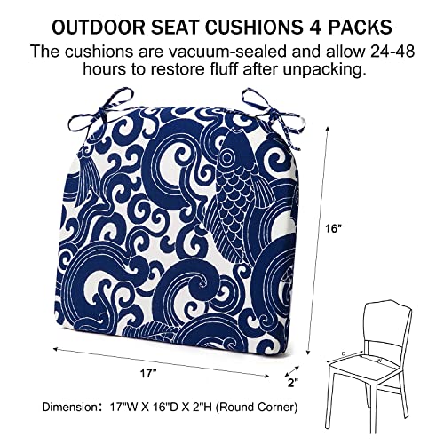 downluxe Outdoor Chair Cushions, Waterproof Round Corner Memory Foam Seat Cushions with Ties for Garden Patio Funiture, 17" x 16" x 2", Blue Carp, 4 Pack