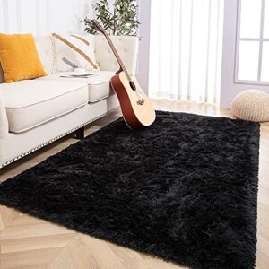 foxmas large area rugs for living room bedroom 5x8 feet, fluffy kids room plush shaggy nursery rug furry throw carpets for boys girls, college dorm fuzzy rugs home decorate rug, black