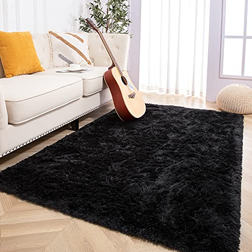 Foxmas Large Area Rugs for Living Room Bedroom 5x8 Feet, Fluffy Kids Room Plush Shaggy Nursery Rug Furry Throw Carpets for Boys Girls, College Dorm Fuzzy Rugs Home Decorate Rug, Black