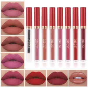 QiBest 8pcs Matte Liquid Lipstick with Lip Plumper Makeup Set Velvety Long Lasting High Pigmented Nude Waterproof Lip Gloss Kit Girls Women Make Up Gift Set