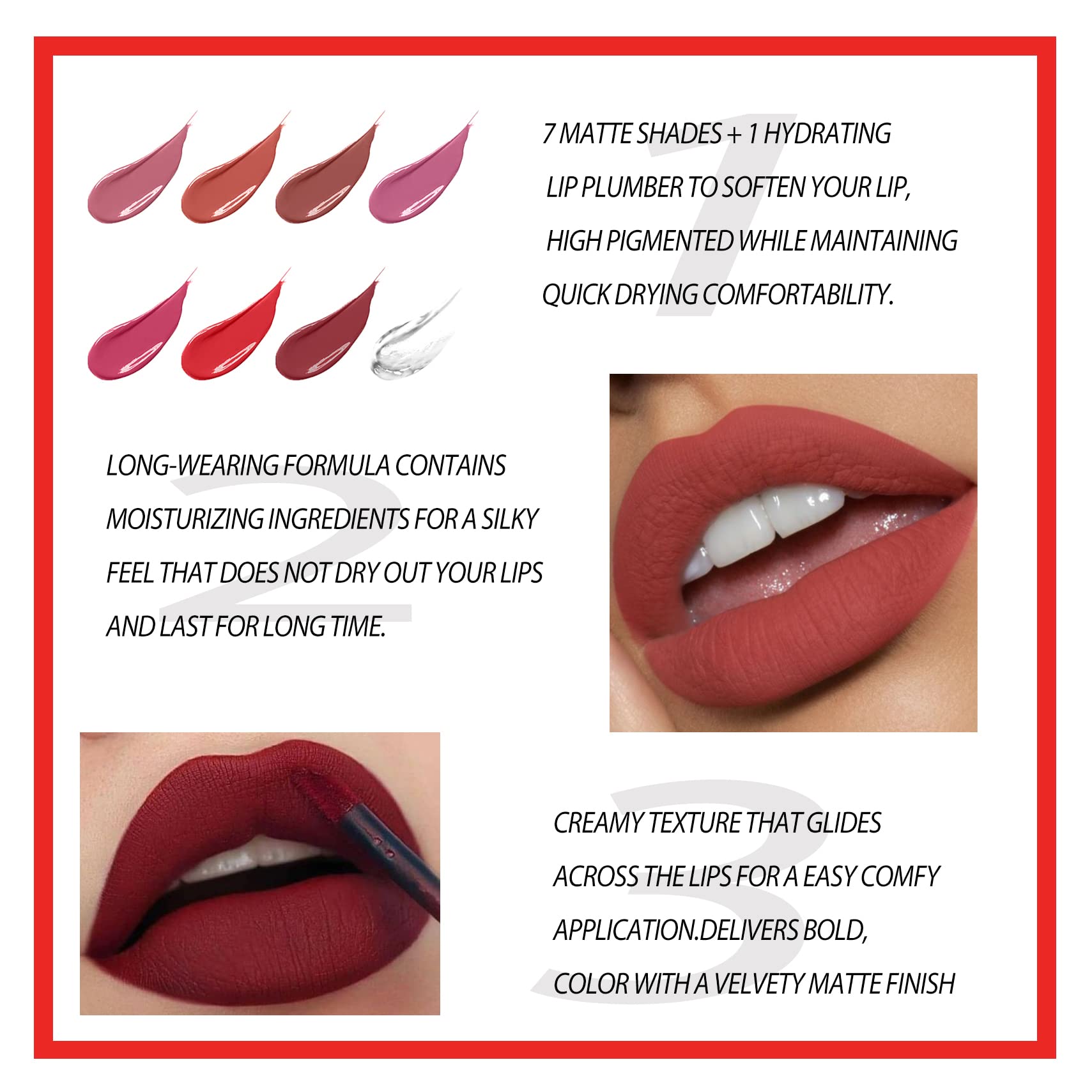 QiBest 8pcs Matte Liquid Lipstick with Lip Plumper Makeup Set Velvety Long Lasting High Pigmented Nude Waterproof Lip Gloss Kit Girls Women Make Up Gift Set