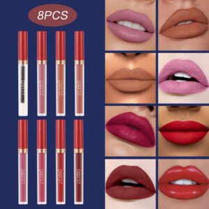 QiBest 8pcs Matte Liquid Lipstick with Lip Plumper Makeup Set Velvety Long Lasting High Pigmented Nude Waterproof Lip Gloss Kit Girls Women Make Up Gift Set