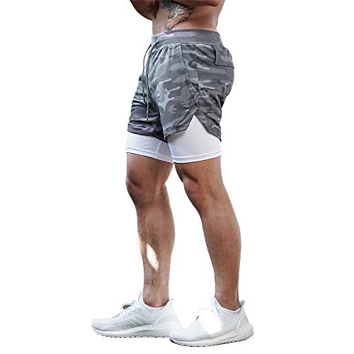 Surenow Mens Running Shorts，Workout Running Shorts for Men，2-in-1 Stealth Shorts， 7-Inch Gym Yoga Outdoor Sports Shorts Camouflage Grey