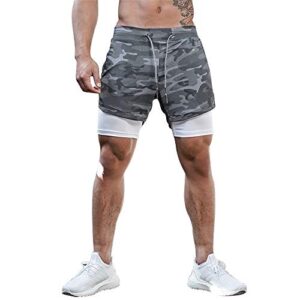 Surenow Mens Running Shorts，Workout Running Shorts for Men，2-in-1 Stealth Shorts， 7-Inch Gym Yoga Outdoor Sports Shorts Camouflage Grey