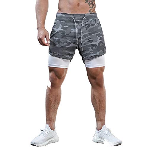 Surenow Mens Running Shorts，Workout Running Shorts for Men，2-in-1 Stealth Shorts， 7-Inch Gym Yoga Outdoor Sports Shorts Camouflage Grey