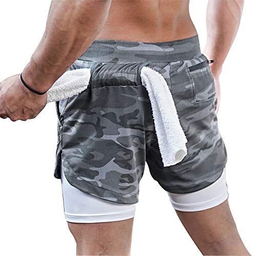 Surenow Mens Running Shorts，Workout Running Shorts for Men，2-in-1 Stealth Shorts， 7-Inch Gym Yoga Outdoor Sports Shorts Camouflage Grey