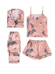 lyaner women's pajamas set 4pcs satin silk cami top button down loungewear pjs set pink small