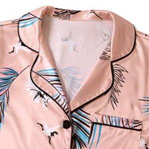 LYANER Women's Pajamas Set 4pcs Satin Silk Cami Top Button Down Loungewear Pjs Set Pink Small