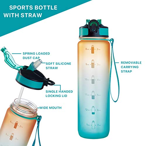 EYQ 32 oz Water Bottle with Time Marker, Carry Strap, Leak-Proof Tritan BPA-Free, Ensure You Drink Enough Water for Fitness, Gym, Camping, Outdoor Sports (Orange/Green Gradient)