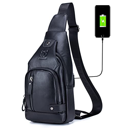 BULLCAPTAIN Genuine Leather Sling Bag with USB Charging Port Multi-pocket Chest Bag for Men Hiking Travel Daypack XB-129 (Black)