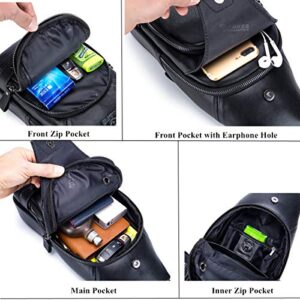 BULLCAPTAIN Genuine Leather Sling Bag with USB Charging Port Multi-pocket Chest Bag for Men Hiking Travel Daypack XB-129 (Black)