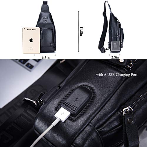 BULLCAPTAIN Genuine Leather Sling Bag with USB Charging Port Multi-pocket Chest Bag for Men Hiking Travel Daypack XB-129 (Black)