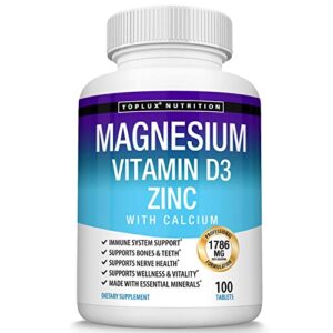 toplux magnesium zinc calcium vitamin d3 complex – essential minerals formulated for immune system support, sleep, muscle relaxation & recovery, strong bones, for men women, 100 tablets