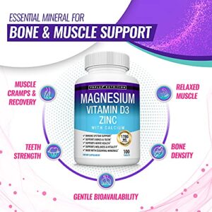 Toplux Magnesium Zinc Calcium Vitamin D3 Complex – Essential Minerals Formulated for Immune System Support, Sleep, Muscle Relaxation & Recovery, Strong Bones, for Men Women, 100 Tablets