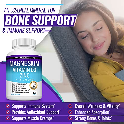 Toplux Magnesium Zinc Calcium Vitamin D3 Complex – Essential Minerals Formulated for Immune System Support, Sleep, Muscle Relaxation & Recovery, Strong Bones, for Men Women, 100 Tablets